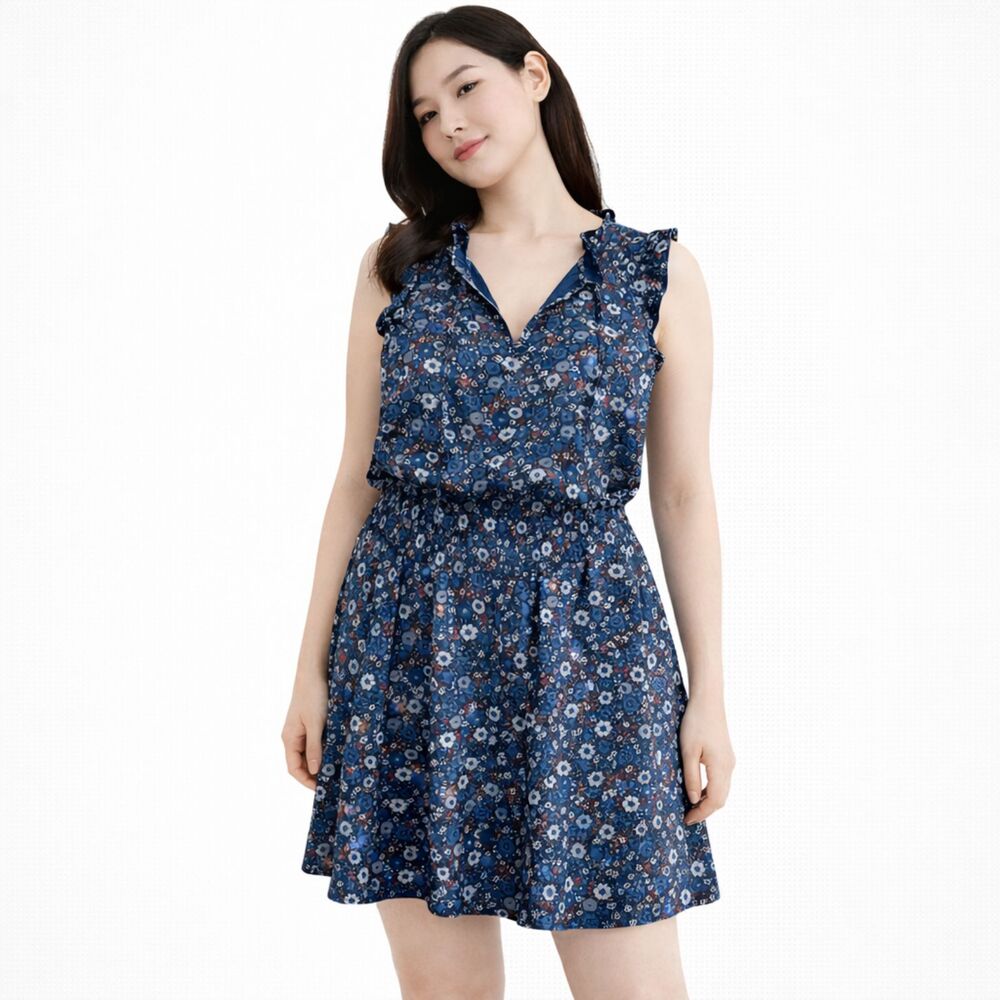 Outerknown Floral Smocked Ruffle Dress Blue M